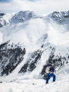 Preview wallpaper skier, mountains, snow, top, winter