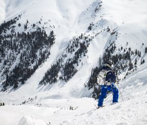 Preview wallpaper skier, mountains, snow, top, winter