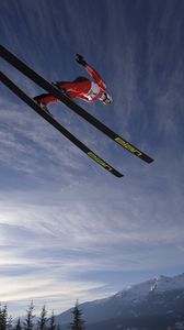 Preview wallpaper skier, ski, jump, fly, sky, sun, mountains