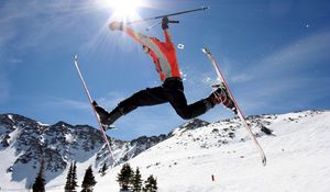 Preview wallpaper skier, skiing, stick, sky, slope, snow