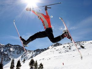 Preview wallpaper skier, skiing, stick, sky, slope, snow