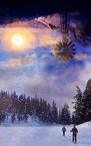 Preview wallpaper skiing, forest, sun, landscape