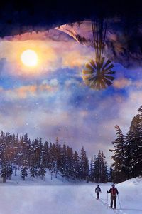 Preview wallpaper skiing, forest, sun, landscape