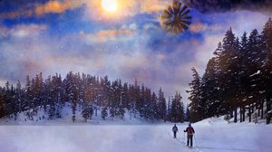 Preview wallpaper skiing, forest, sun, landscape