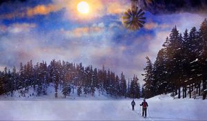 Preview wallpaper skiing, forest, sun, landscape