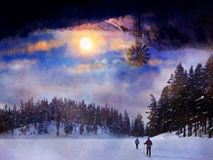 Preview wallpaper skiing, forest, sun, landscape