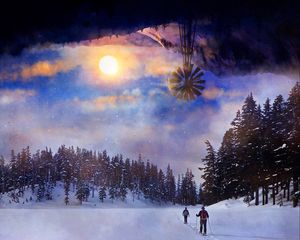 Preview wallpaper skiing, forest, sun, landscape