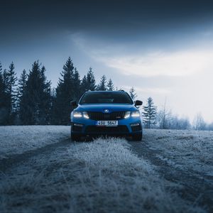 Preview wallpaper skoda, car, blue, road, forest, winter