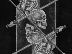 Preview wallpaper skull, armor, sword, black and white, art