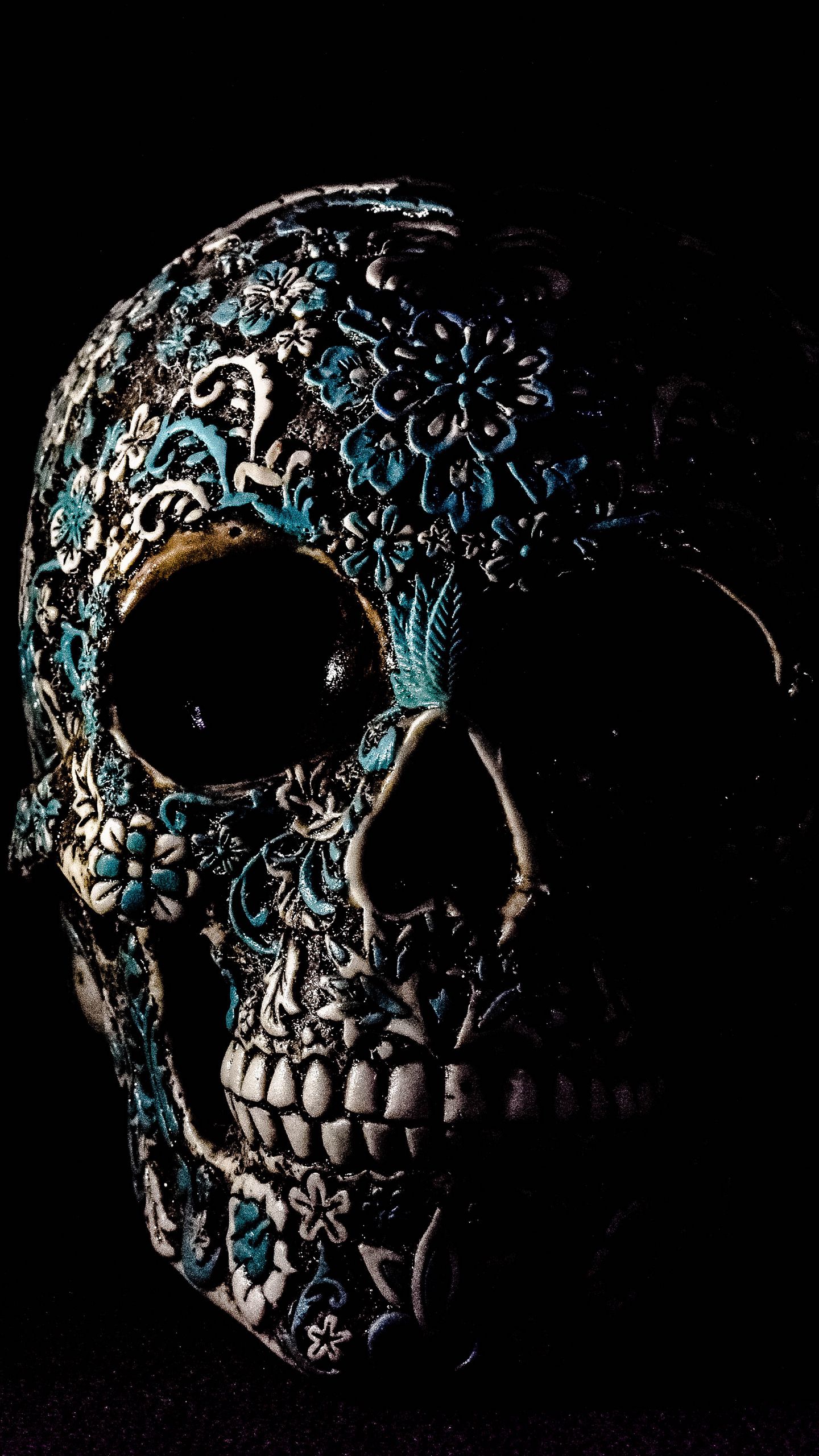 1440x2560 Wallpaper skull, dark, patterns, bones