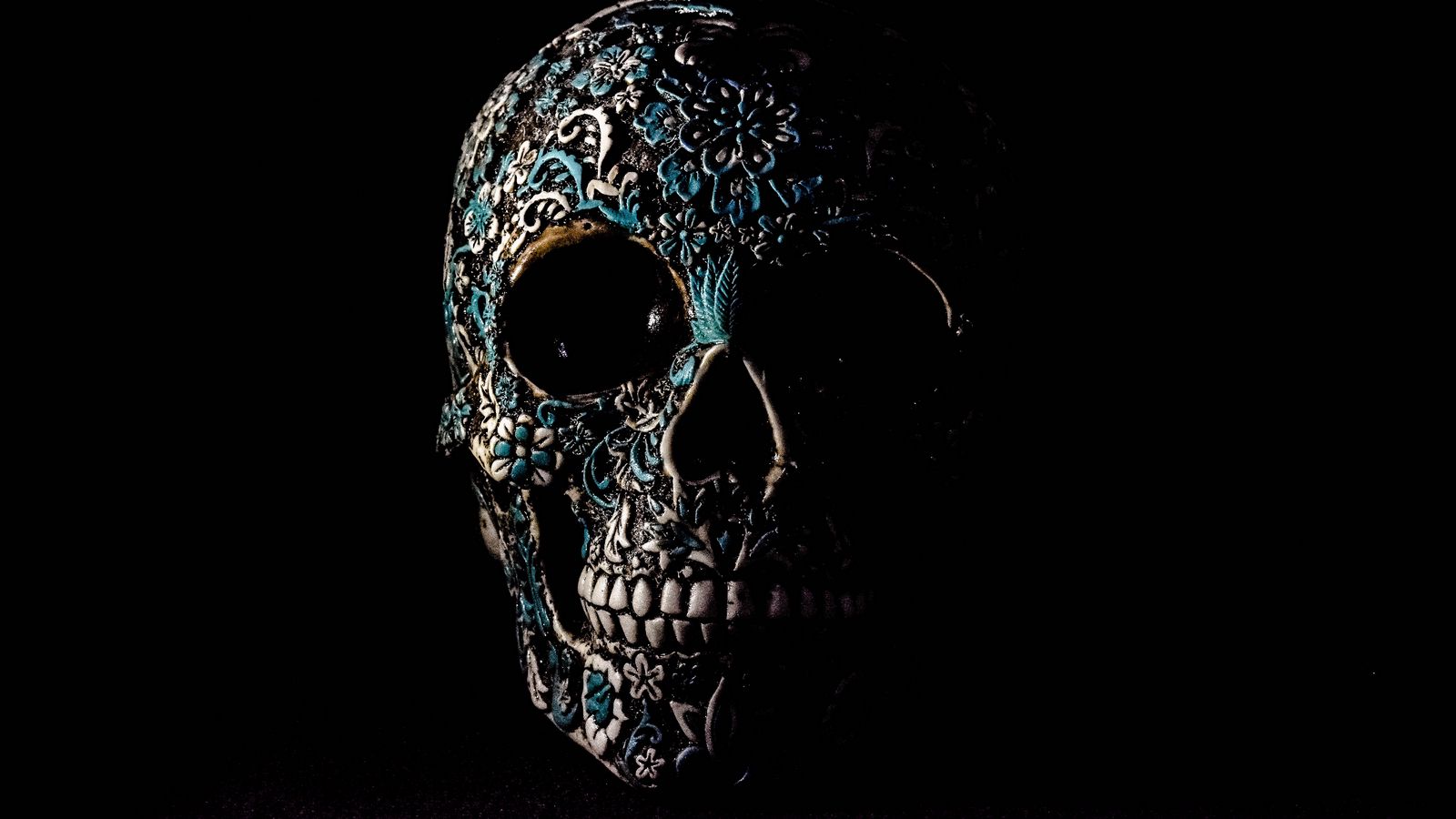 1600x900 Wallpaper skull, dark, patterns, bones