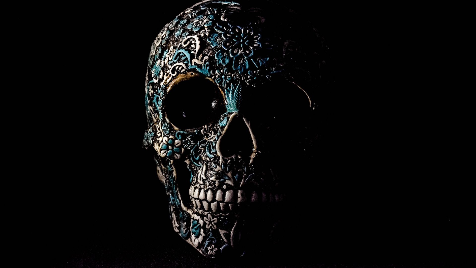 1920x1080 Wallpaper skull, dark, patterns, bones