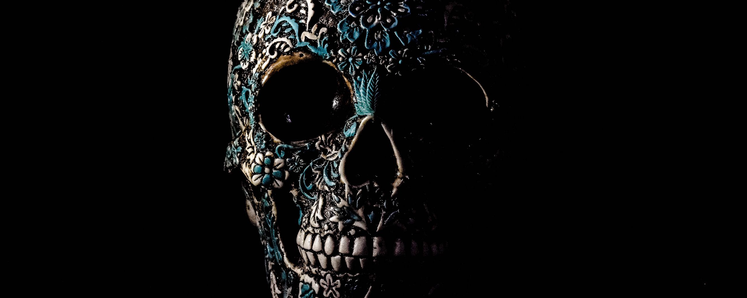 2560x1024 Wallpaper skull, dark, patterns, bones
