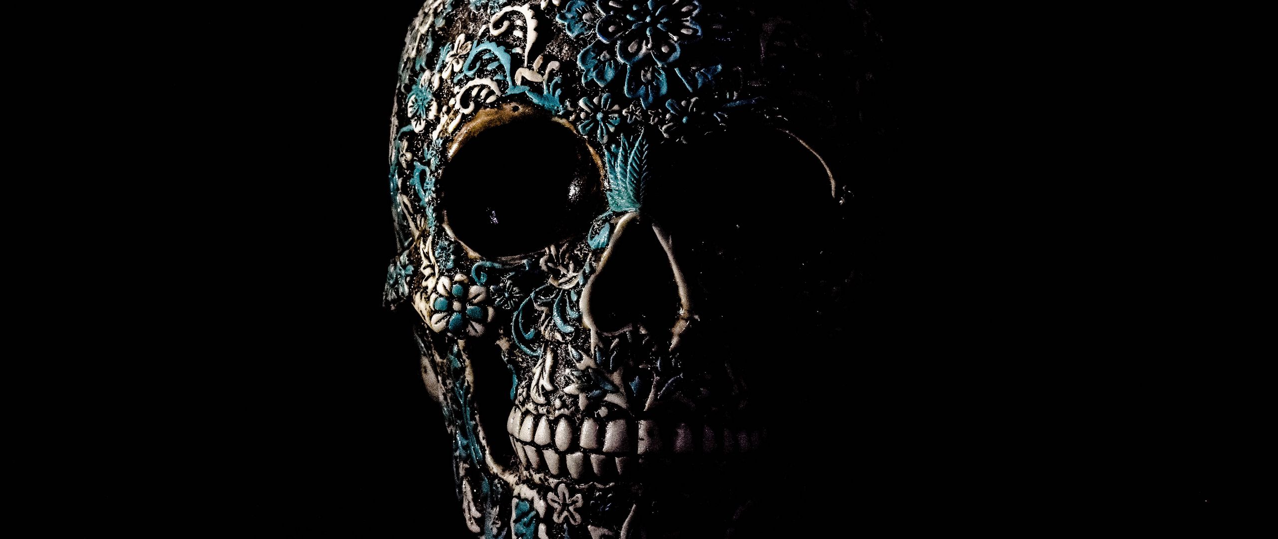 2560x1080 Wallpaper skull, dark, patterns, bones