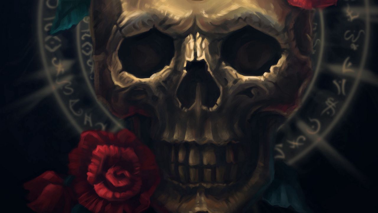 Wallpaper skull, flowers, symbols, art