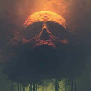 Preview wallpaper skull, forest, silhouette, cloak, art