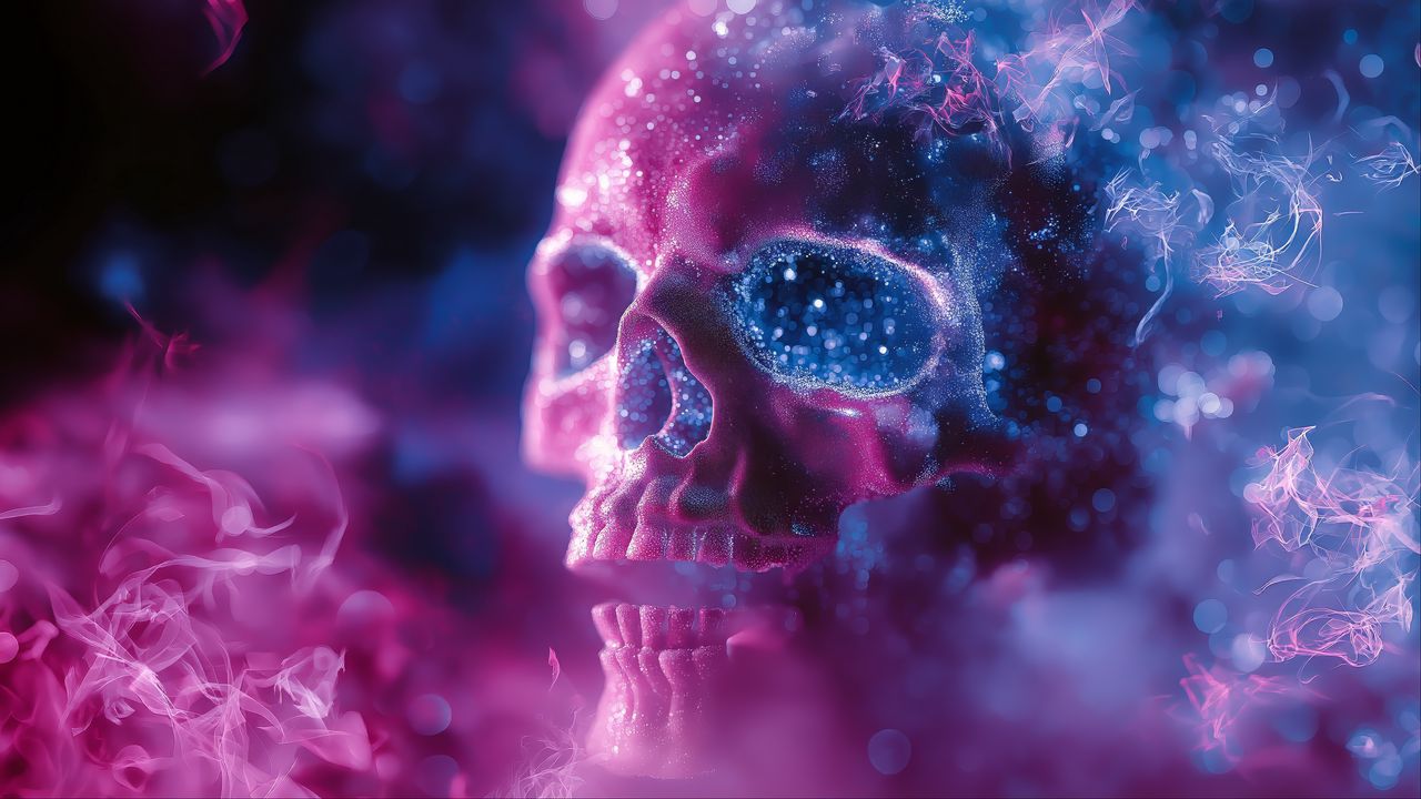 Wallpaper skull, glitter, blur, purple, blue