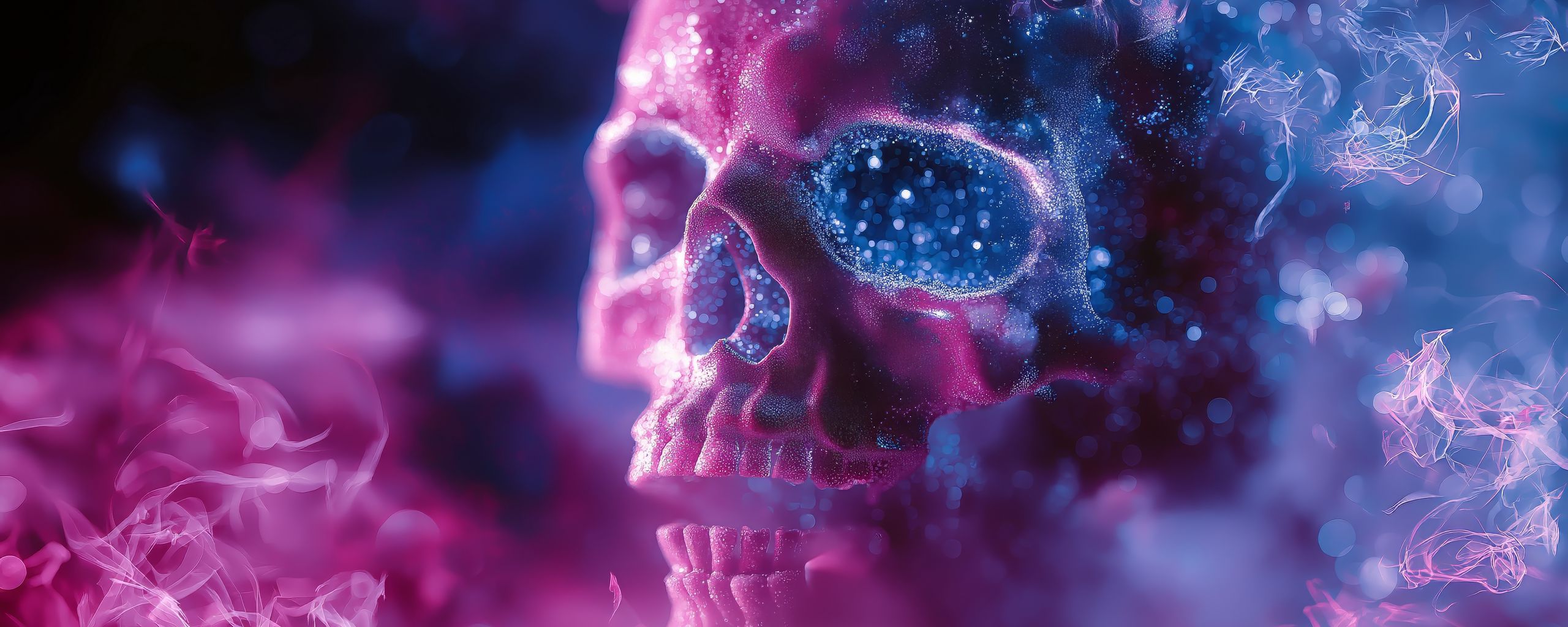 2560x1024 Wallpaper skull, glitter, blur, purple, blue
