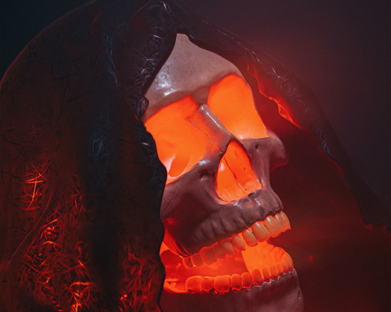 1280x1024 Wallpaper skull, glow, red, volume, art