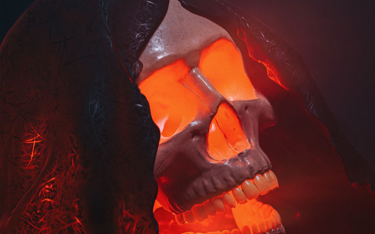 1280x800 Wallpaper skull, glow, red, volume, art