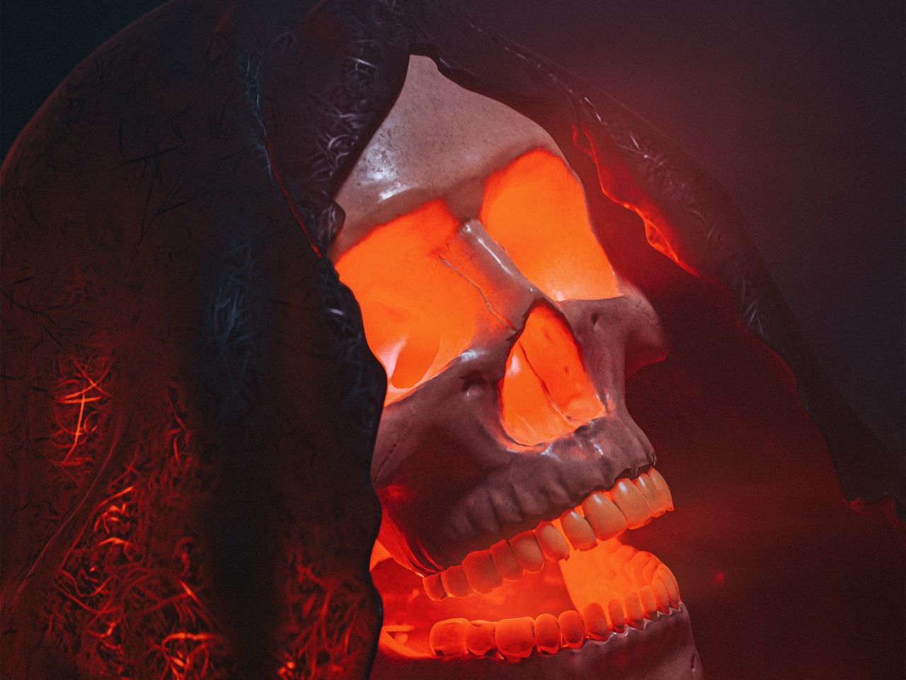 1280x960 Wallpaper skull, glow, red, volume, art