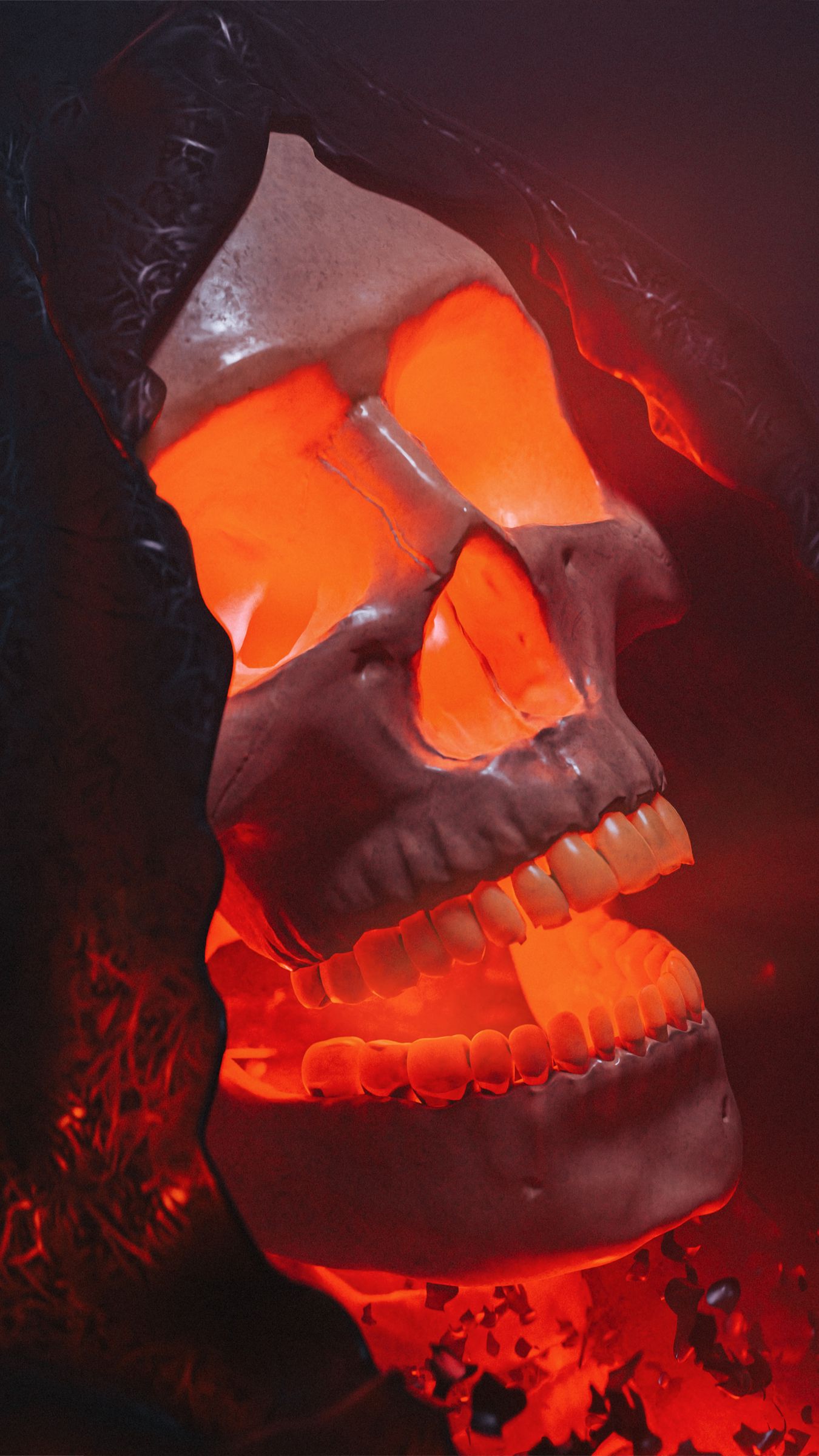 1350x2400 Wallpaper skull, glow, red, volume, art