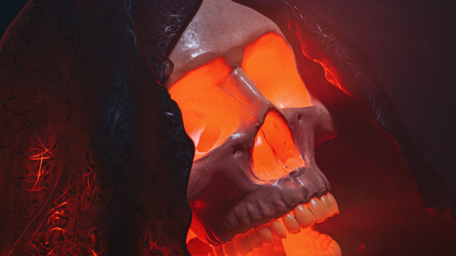 1600x900 Wallpaper skull, glow, red, volume, art