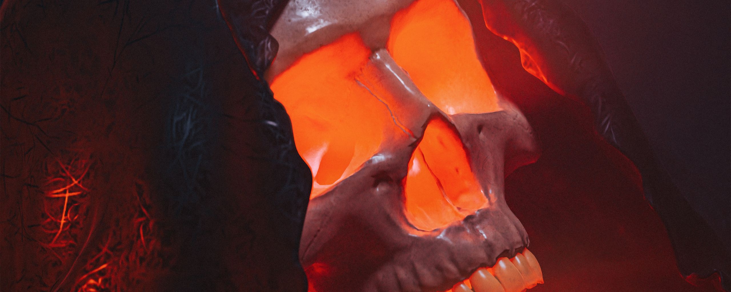 2560x1024 Wallpaper skull, glow, red, volume, art