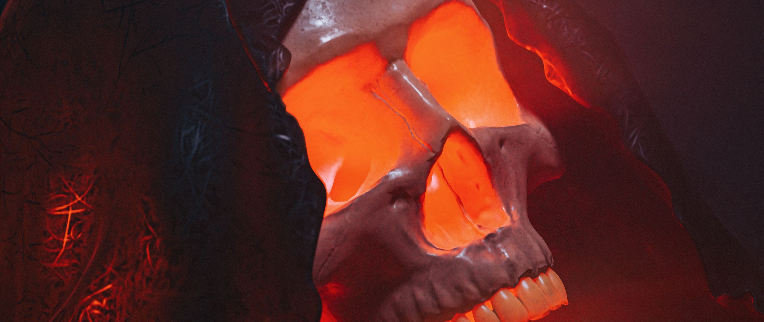 2560x1080 Wallpaper skull, glow, red, volume, art