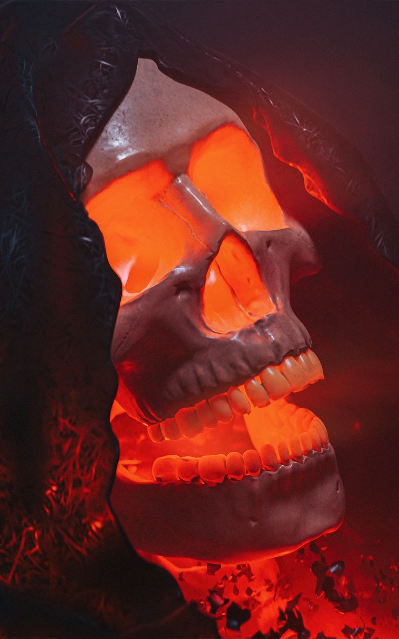 800x1280 Wallpaper skull, glow, red, volume, art