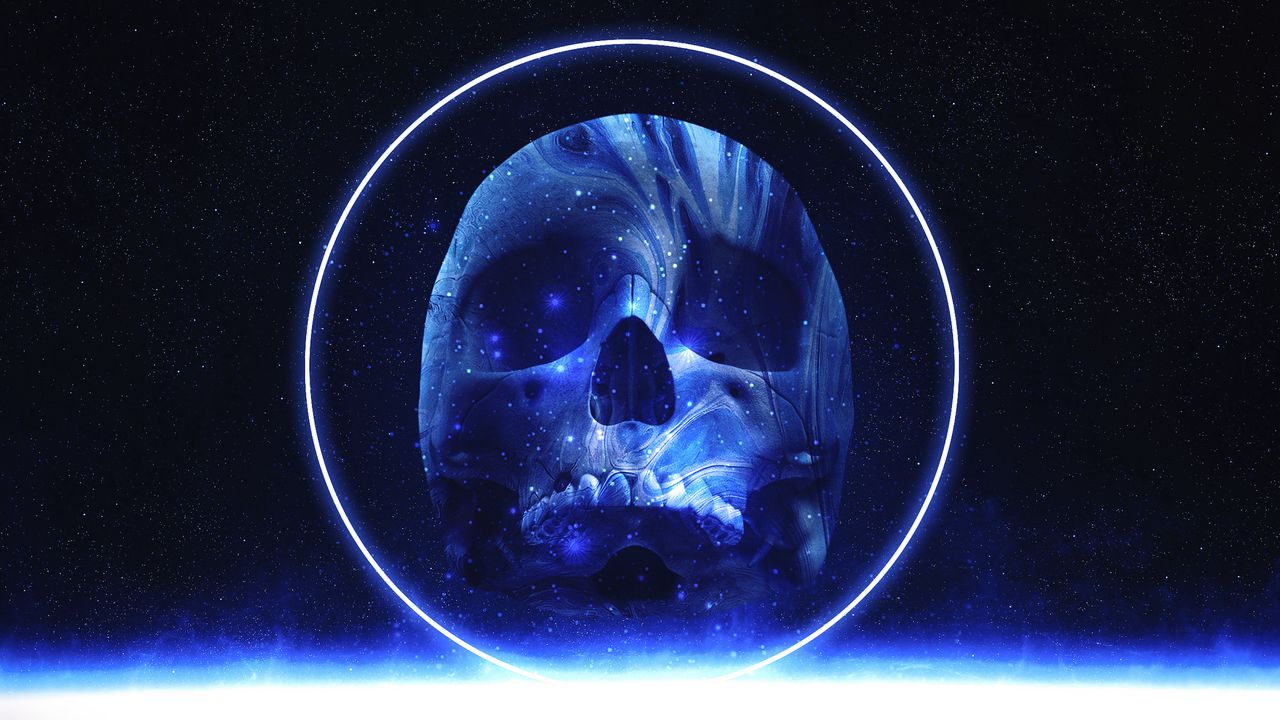 Wallpaper skull, glow, space, circle, stars, blue