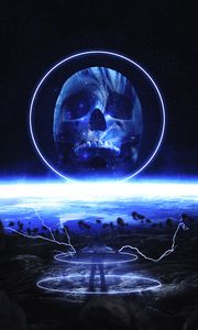 Preview wallpaper skull, glow, space, circle, stars, blue