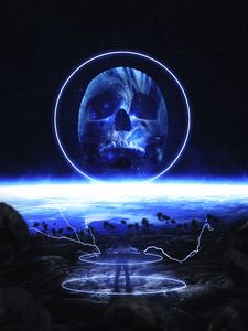 Preview wallpaper skull, glow, space, circle, stars, blue