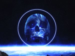 Preview wallpaper skull, glow, space, circle, stars, blue