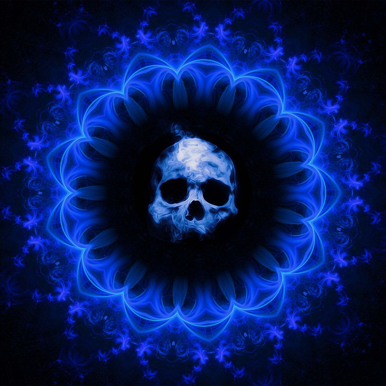 Download wallpaper 1280x1280 skull, gothic, patterns, blue, dark background  ipad, ipad 2, ipad mini for parallax hd background