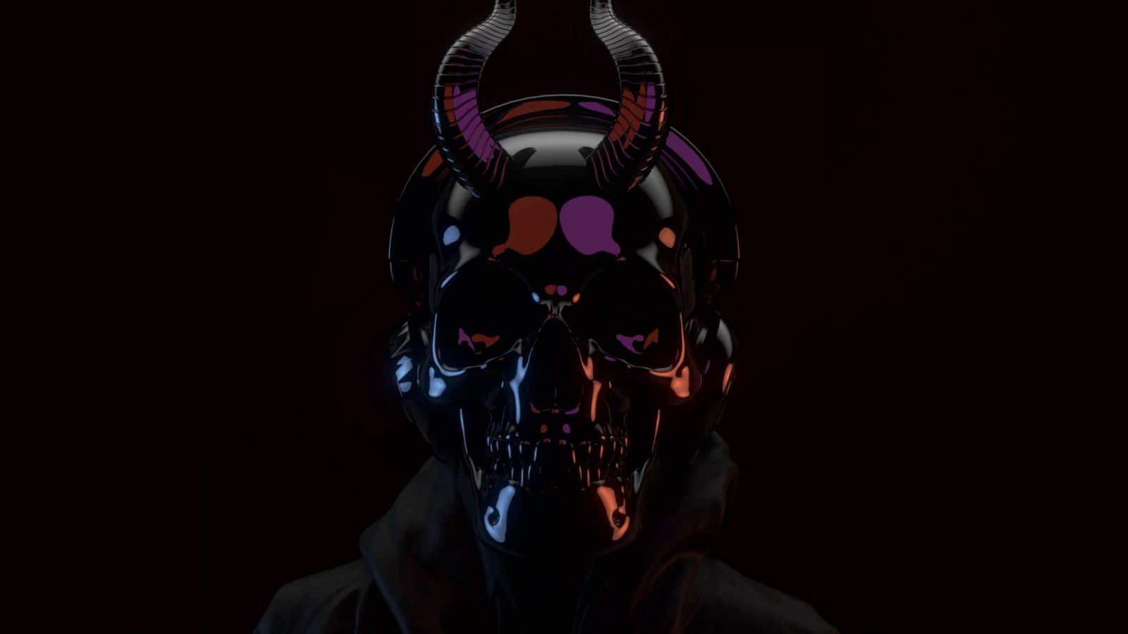 1600x900 Wallpaper skull, mask, black, dark, horns