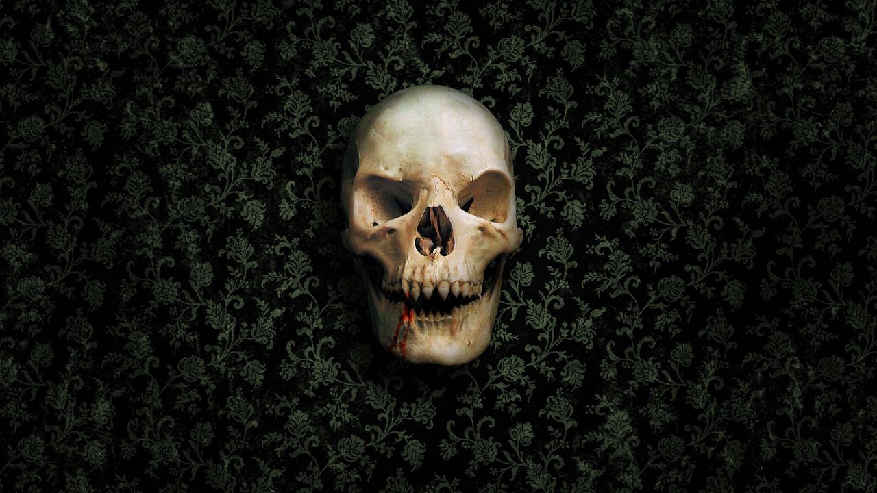 Wallpaper skull, skeleton, wall, green, dark