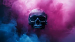 Preview wallpaper skull, smoke, pink, blue