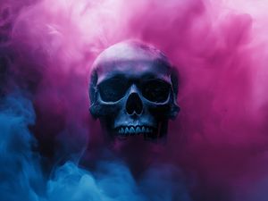 Preview wallpaper skull, smoke, pink, blue