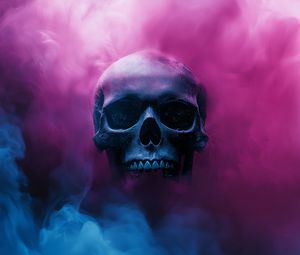 Preview wallpaper skull, smoke, pink, blue