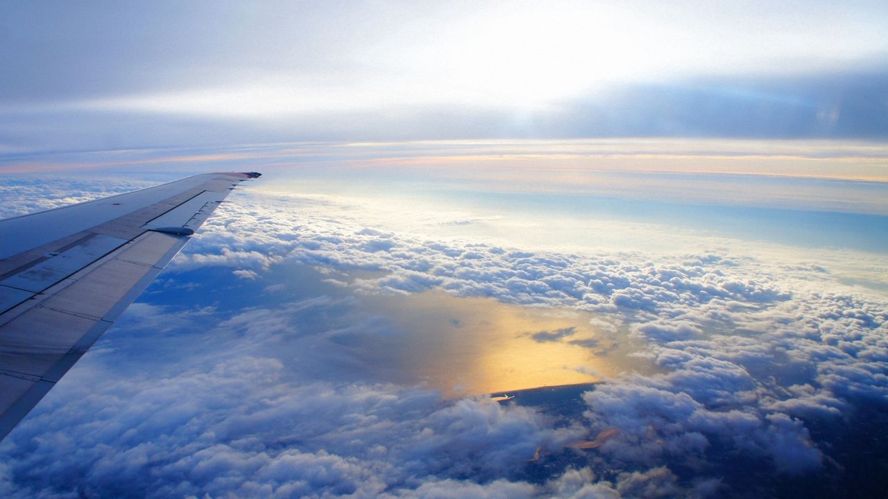 Wallpaper sky, altitude, clouds, airplane, wing, flying, soaring