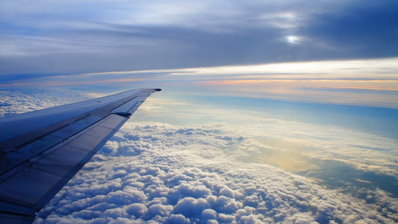 Wallpaper sky, altitude, clouds, airplane, wing, flying, soaring, earth