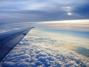 Preview wallpaper sky, altitude, clouds, airplane, wing, flying, soaring, earth