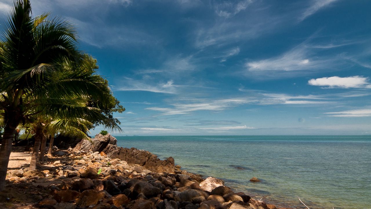 Wallpaper sky, beach, palm trees, rocks, landscape, day, thailand