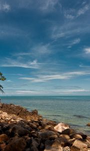 Preview wallpaper sky, beach, palm trees, rocks, landscape, day, thailand