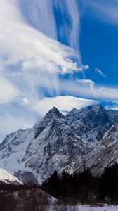 Preview wallpaper sky, blue, clouds, lungs, mountains, greatness, snow-covered, tops, contrast
