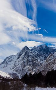 Preview wallpaper sky, blue, clouds, lungs, mountains, greatness, snow-covered, tops, contrast