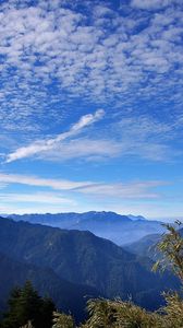 Preview wallpaper sky, clouds, ease, blue, freedom, look, from below, herbs, mountain, freshness, azure
