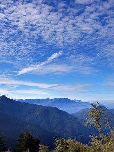 Preview wallpaper sky, clouds, ease, blue, freedom, look, from below, herbs, mountain, freshness, azure