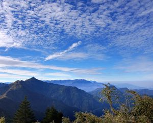 Preview wallpaper sky, clouds, ease, blue, freedom, look, from below, herbs, mountain, freshness, azure